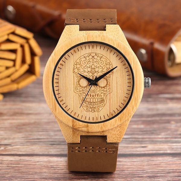 

wood watch men quartz leather wristwatch sculpture flower skull display steampunk cool bamboo wrist clock new arrival 2018, Slivery;brown