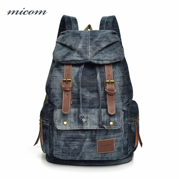 

micom vintage mens denim backpack women men backpack travel bag large capacity drawstring belts school bags for teenagers new