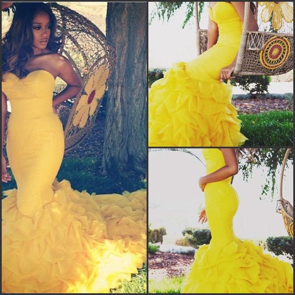

strapless sweetheart pick ups organza beautiful yellow mermaid evening dress crystals pleated court train elegant prom dress online, Black;red