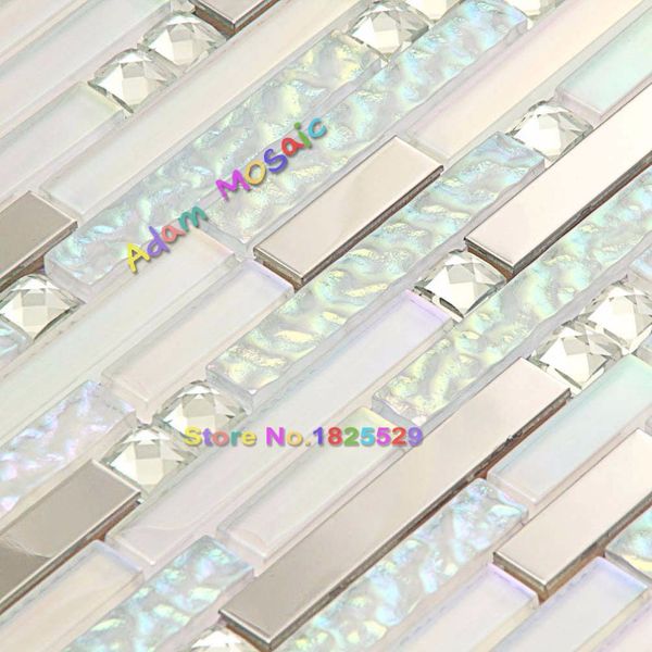

wall mosaic white iridescent tile backsplash silver stainless steel kitchen glass tiles mirror diamond showr wall art deco sheet
