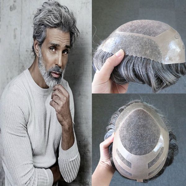 

Mix Grey Toupee For Men Fine Mono Center With Poly Front Mens Toupee Hairpieces Replacement System Wave Grey Human Hair Men Wig #1B50