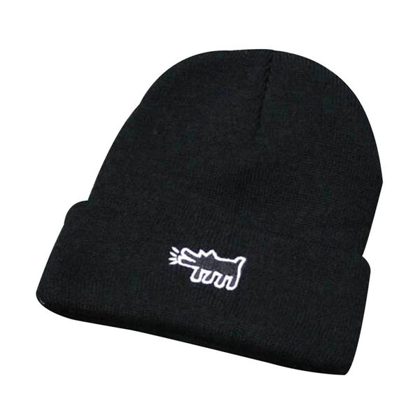 

dog embroidered beanie elastic knitted hat solid color outdoor skull cap