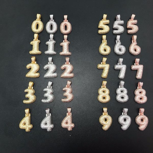 

Bling CZ Custom Iced out Bubble Number 0-9 Подвеска с веревочной цепью Медные номера Золото Серебро
