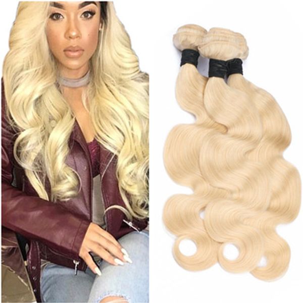 

#613 blonde brazilian virgin human hair weave extensions body wave wavy 3pcs bleach blonde virgin remy human hair bundles deals 8-30", Black
