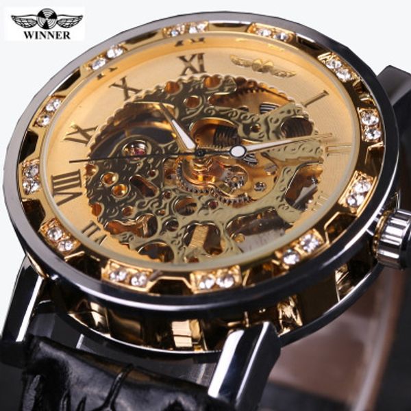 

winner brand leather mechanical watch mens watches waterproof skeleton business men clock luxury sport male wristwatch, Slivery;brown