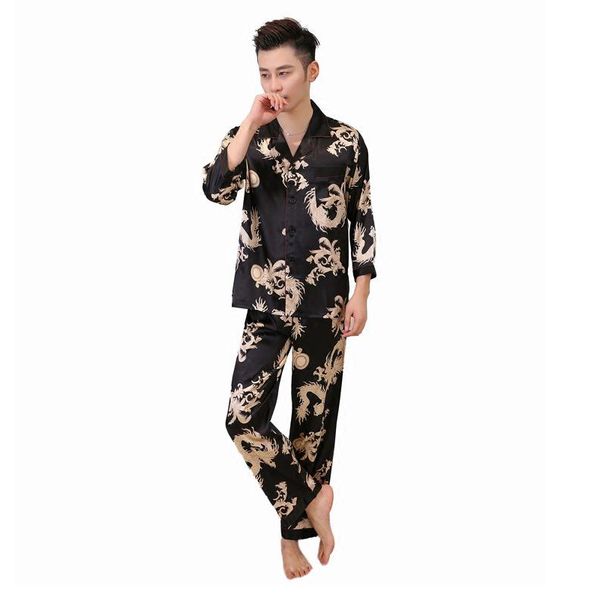 

casual sleepwear chinese style print dragon pyjamas set men 2pcs long sleeve shirt&pant pajamas rayon bathrobe l xl xxl, Black;brown