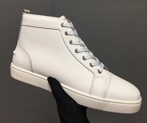 

2018 Fashion Designer Brand white geunine leather hi top Flat shoes Red Bottom Shoes For Men and Women Party Lovers Genuine Leather Sneakers