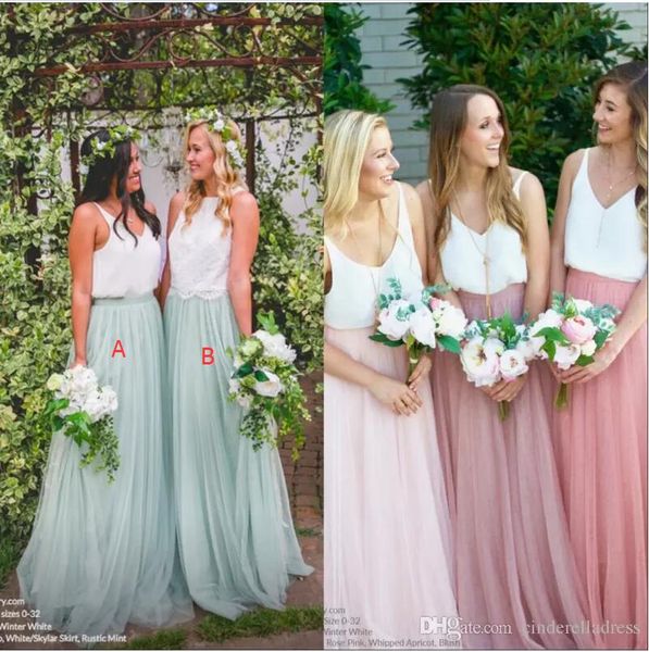 

2018 mint pink two piece country style bridesmaid dresses v neck pleats beach bohemian maid of honor wedding guest gowns vestidos boho, White;pink