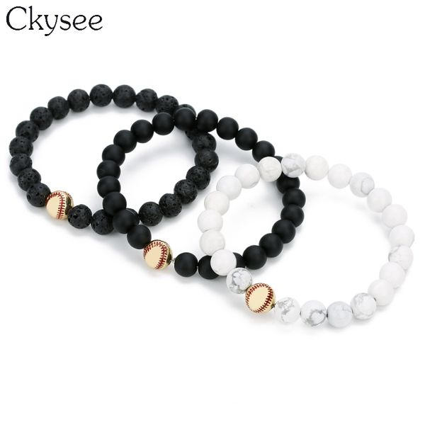 Ckysee 8mm Natural Stone  Bracelet Jewelry For Women Black White Color Elastic Rope Baseball Charm Bracelets Couple Jewelry