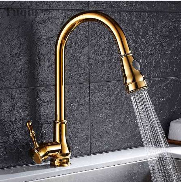 Frete Grátis Três Cores: Ouro / Preto / Chrome Pull Down Torneira De Cozinha Sólida Swivel Swivel Pull Out Spray Pink Mixer Torneira Torneira Torneira