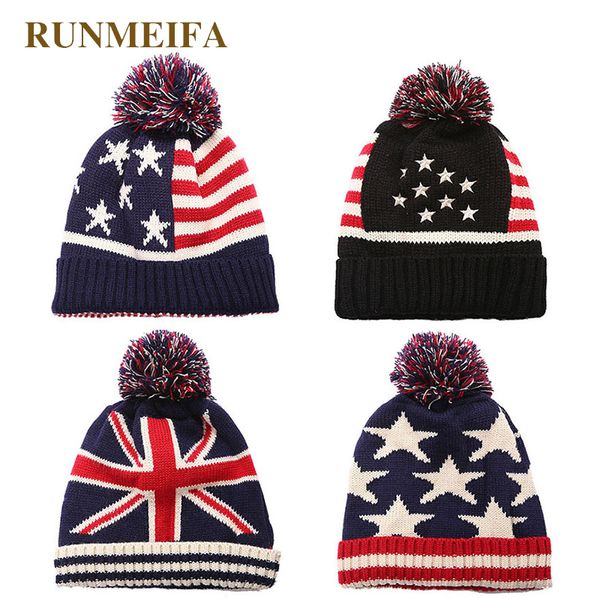 Runmeifa Newest Fashion Usa Uk Flag Pattern Beanies For Women Warm Bonnet Femme Gorgeous Hats Fine Knitted Beanies Free Size Baby Hats Fitted Hats