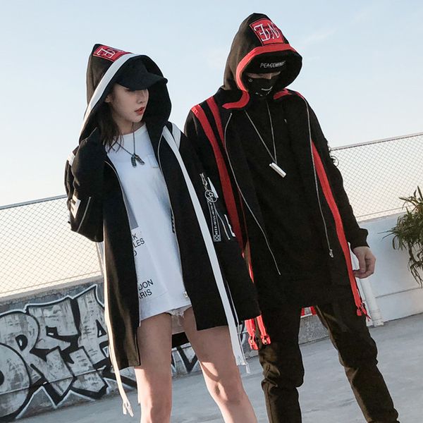 

men punk rock trench coat ribbon zipper patchwork hooded cloak women nightclub dj stage long jacket harajuku gothic hiphop coat, Tan;black