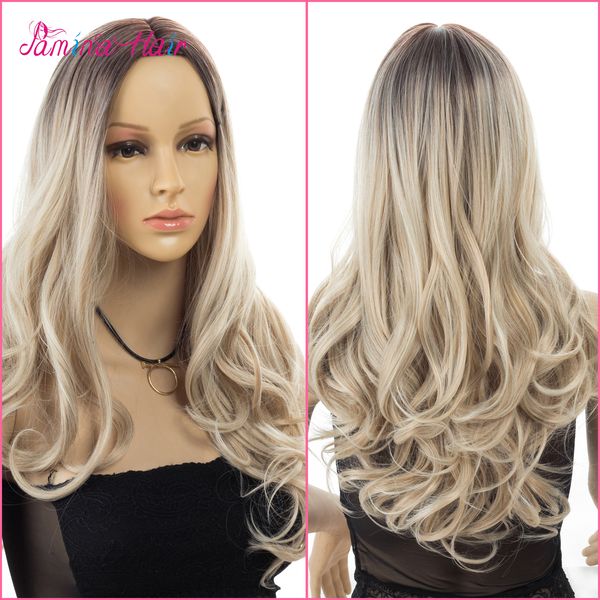 

PMINA HAIR Long Halloween Ombre Curly Wavy Wigs Heat Resistat Dark Root to Blonde Midddle Part Full Head Wigs 1b/4/60