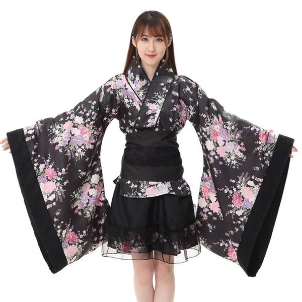 

women female cosplay set festival cosplay lolita japan kimono floral maid bow skirt set for female #20, Black;red