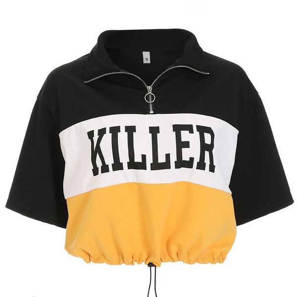 

est selling print twilled satin korean harajuku t-shirt drawstring turn-down collar zipper tee crop punk style t-shirt, White
