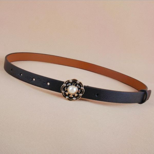 

leather slim belt small fashion women skinny leather waist strap brown black thin belts enamel flower pearl buckle, Black;brown