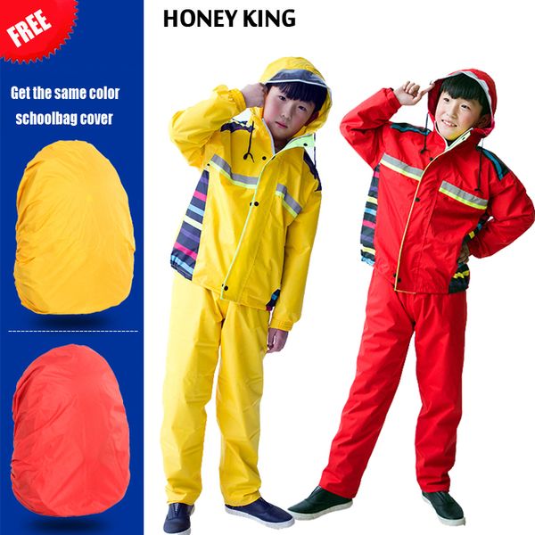 

honeyking 2018 waterproof boys girls clothing sets double layer boys girls hooded raincoat jackets rain pants child clothing set, White