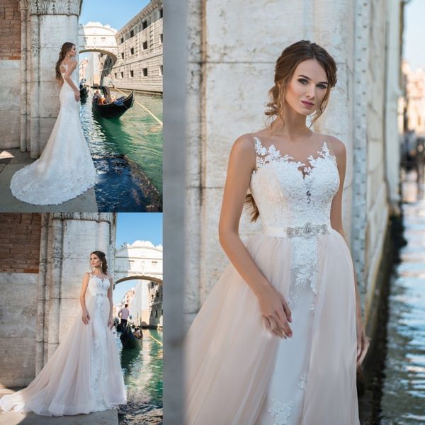 

modest mermaid wedding dresses with blush detachable train lace appliqued boho bridal gowns sheer neck vestido de novia, White