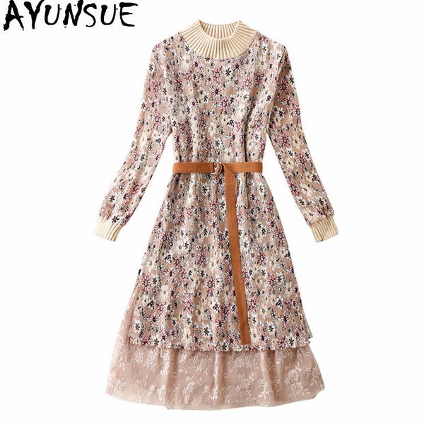 

ayunsue 2018 fashion autumn winter knitted sweater dress women lace warm casual sweaters slim belt chiffon floral dresses wxf663, White;black