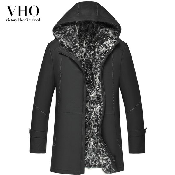 

vho real lamb wool shearling fashion real sheepskin coats for men medium long hooded genuine leather jacket warm winter thick, Black