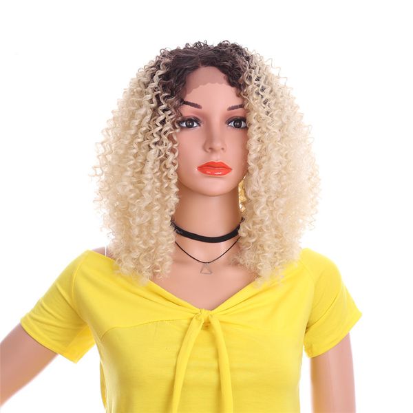 

14 inches kinky curly afro wigs lace front wig side part natural ombre synthetic hair for african women, Black