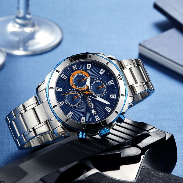 

megir watch men fashion sport quartz clock mens watches full steel business waterproof watch relogio masculino, Slivery;brown