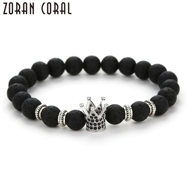 

2018new fashion micro pave cz silver crown charm bracelet elastic adjustment size men natural lava rock beads ladies men jewelry, Golden;silver