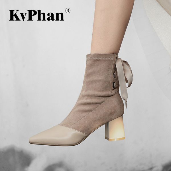 

shoes woman kvphan cow leather patchwork pointed toe riband lace-up cow suede boots 2018 casual beige high heels 6 cm for lady, Black