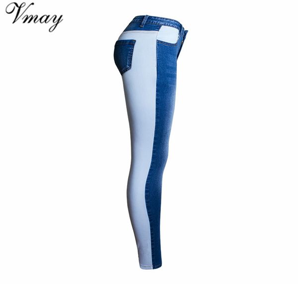 

new oops 2018 new arrival women elastic slim stitching colorblock pencil pants two-tone women's trousers, Blue