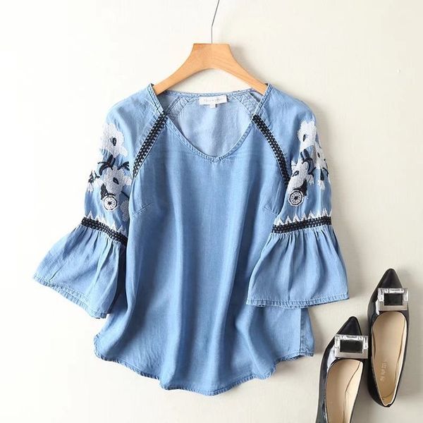

women's spring new style v-neck flower embroidery comfort tencel speaker sleeve denim shirt women's s8092, White