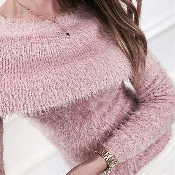 2018 neueste schulterfreie Damenpullover Mode Langarm Herbst Winter Rüschen warme Kleidung rosa weiß Pullover Tops Pullover C18111601