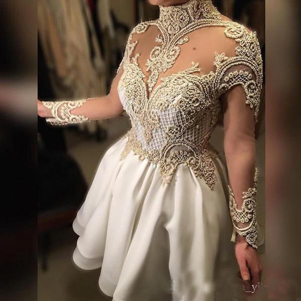 

2017 High Collar Ball Gown Cocktail Dresses Mini Sheer Neck Appliqued Sexy Illusion Long Sleeves Backless Prom Gowns
