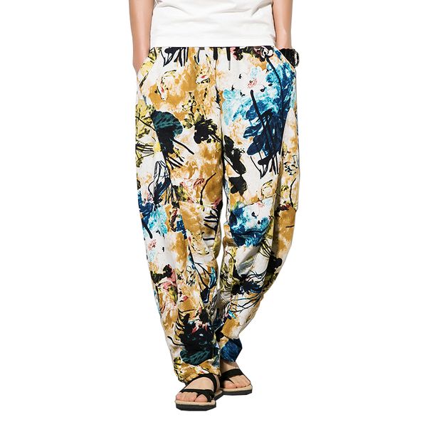 

2018 new summer men's pants thai flower print style cotton linen trousers harem pants man loose m-5xl beach pant chinese style, Black