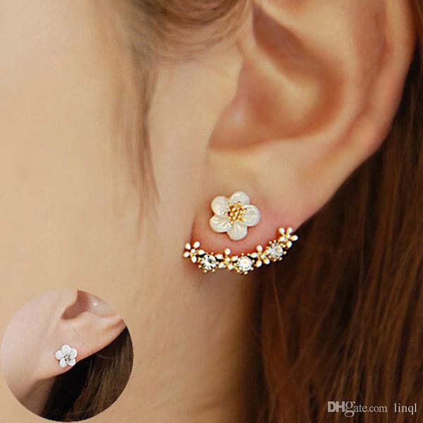 

flower crystals stud earring for women rose gold color double sided fashion jewelry earrings female ear brincos pending, Golden;silver