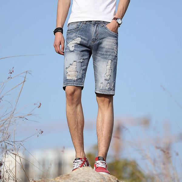 

2018 fashion casual summer men denim shorts man ripped hole hip hop biker streetwear distressed jeans homme, Blue