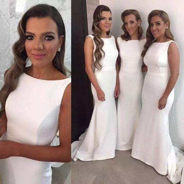 

chic mermaid bridesmaid dresses long 2019 crew neck sweep train wedding party dress vintage satin evening prom formal gowns wear custom, White;pink