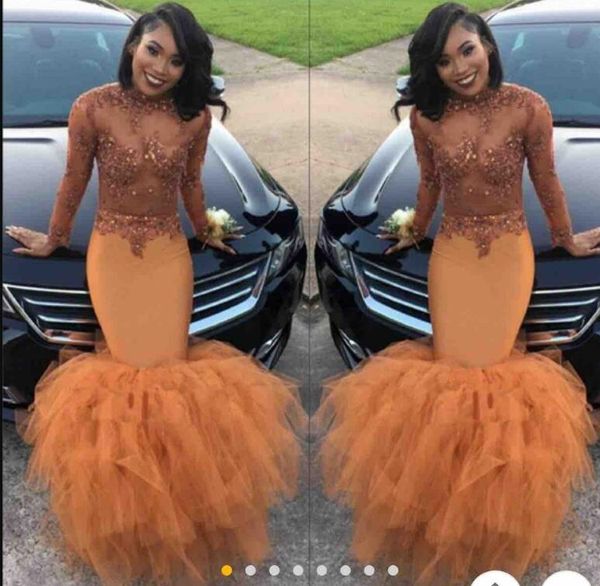 

african prom dresses for black girl sheer neck lace appliques beads long sleeves mermaid evening dress arabic vestidos party gown