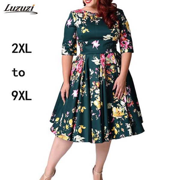 

plus size dress women floral dress flower print vintage dresses office elegant vestido de festa 5xl 6xl 7xl 8xl z2904, White;black