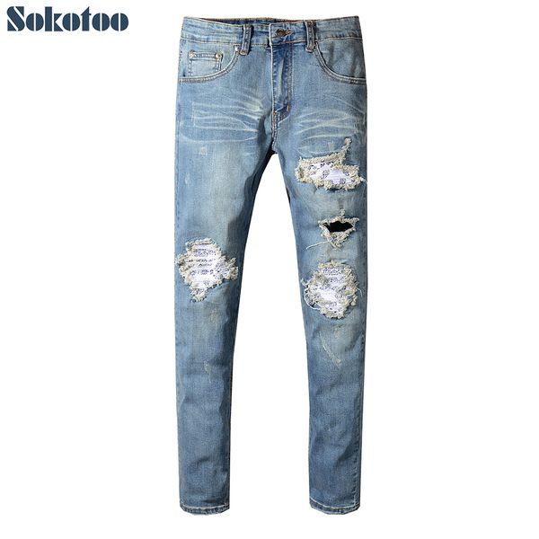 

sokotoo men's pleated printed patch holes ripped biker jeans blue denim slim fit skinny pencil pants