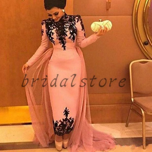 

muslim blush pink evening dresses with detachable midi high neck long sleeves ankle length prom gowns black applique lace special occasion, Black;red