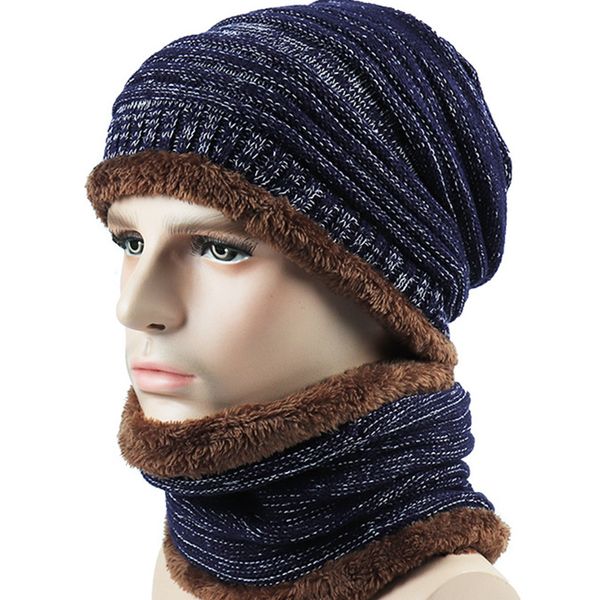

brand solid knit beanies hat scarf plus velvet winter warm hat hip hop man woman thicken baggy ski cap+ring scarves set blue red, Blue;gray