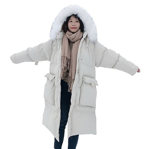 

2018 new women overcoat long section version of the loose hooded large fur collar jacket white thick down cotton coat hj05, Black