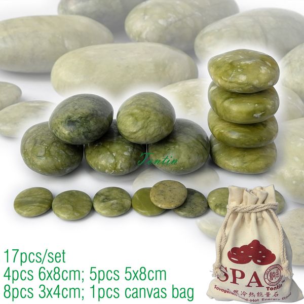 

new 17pcs/set green jade body massage stone spa with canvas ce and rohs 5pcs(5x8)+4pcs(6x8)+8