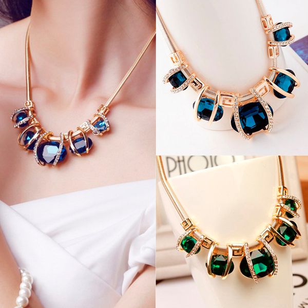 

lnrrabc lnrrabc new design rhinestones necklace women pendant chain choker chunky statement bib blue green pendant, Silver
