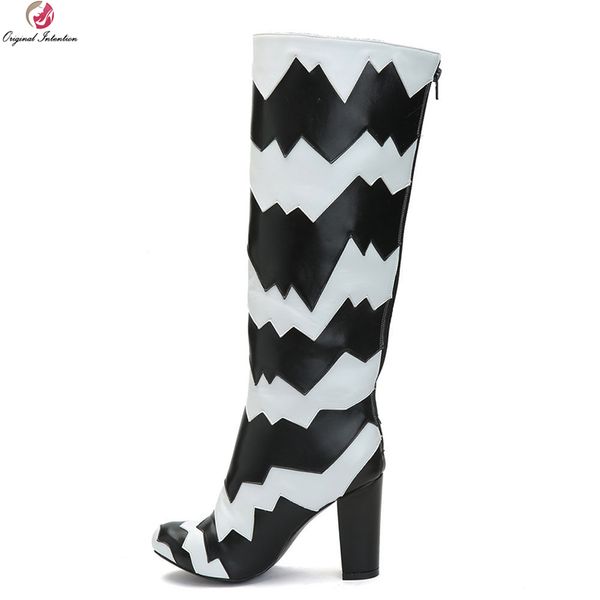 

original intention new stylish women knee high boots patchwork round toe square heel boots ladies shoes woman plus us size 4-15, Black
