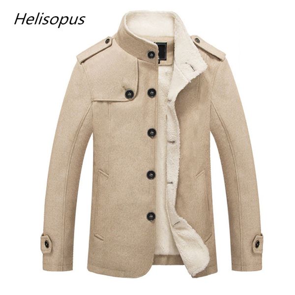 

helisopus men's stand collar thicken warm jacket winter long sleeve coat fashion men pure color wool coat, Black