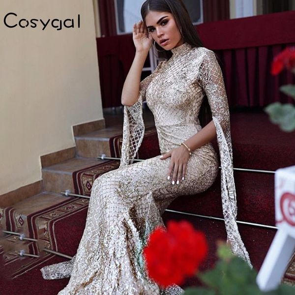 

cosygal evening party dress women long sleeve bling sequined dresses female long maxi solid vintage elegant vestidos, White;black