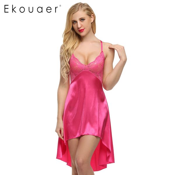 Ekouaer Ladies Sexy Satin Night Dress Pizzo Donna Sleepwear Camicie da notte senza maniche Camicia da notte con scollo a V Camicia da notte sexy Hot 6 colori S923