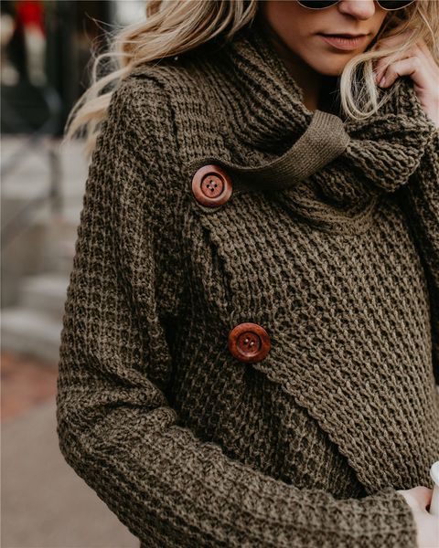 2019 Womens Sweaters Cowl Neck Chunky Cable Knit Hooded Wrap Cardigan Pullover Sweater Coats With Button 5 Colour S XL E1880 From Angelcheng_shop,