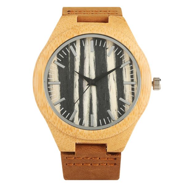 

trendy bamboo wristwatch handmade leather strap bamboo watch casual quartz wristwatch for women men, Slivery;brown